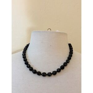 Vintage Black Faceted Glass Bead Graduated Necklace Hook‎ Clasp 17 Inch